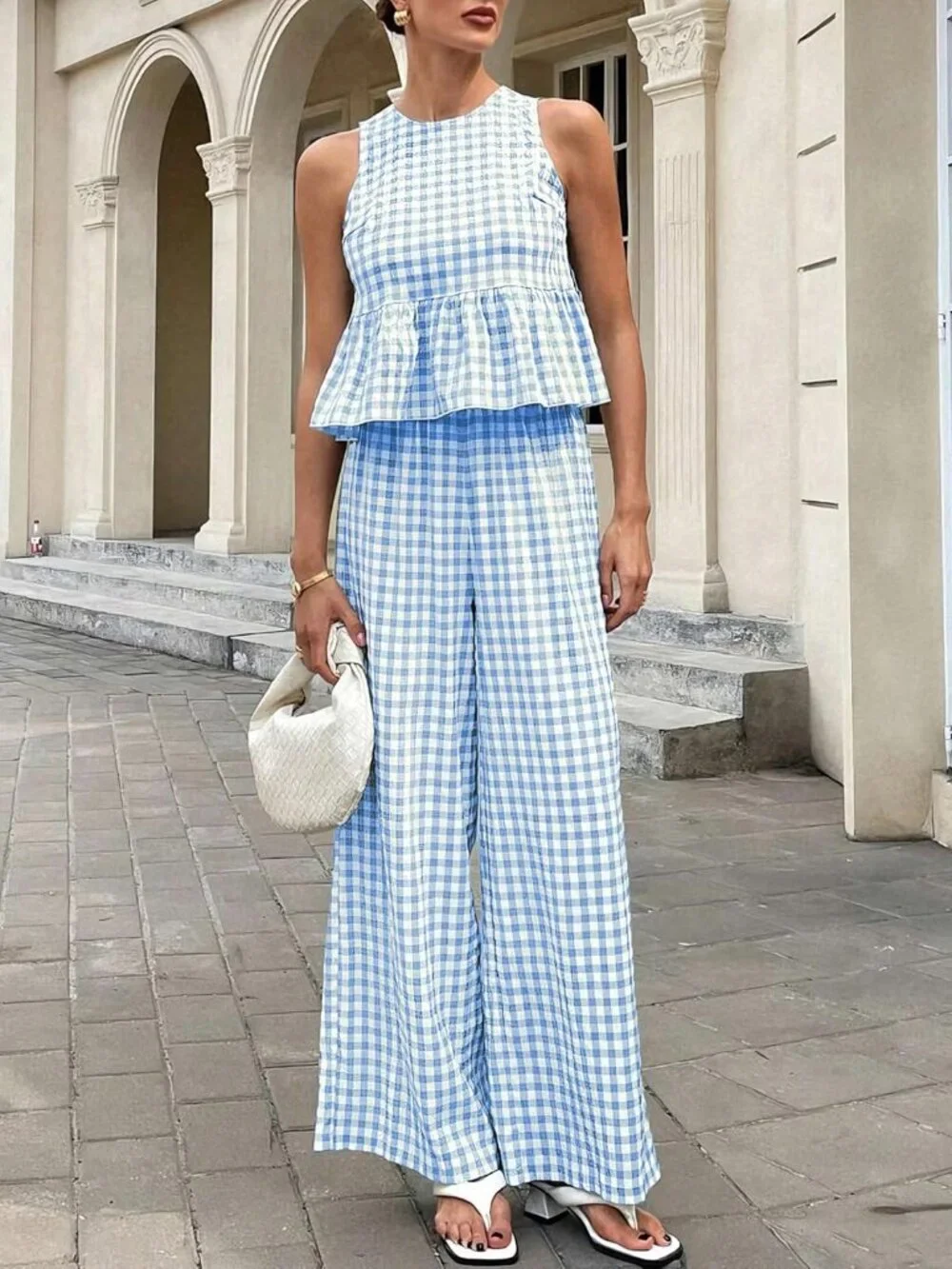 Women's 2 Piece Set Outfits Gingham Plaid Tank Tops Wide Leg Pants Matching Loun